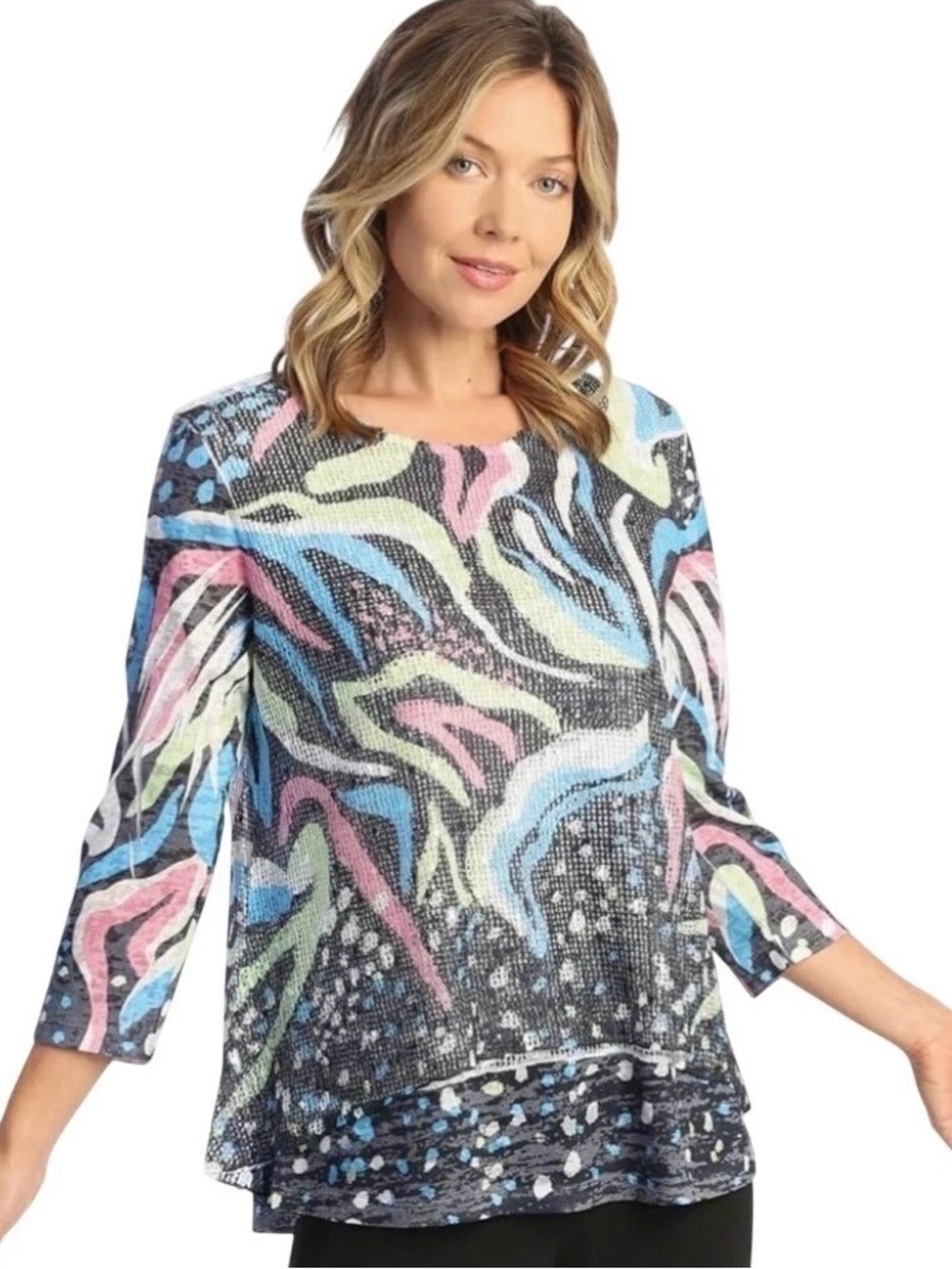 Jess & Jane Mesh Overlay Knit Top Women’s Size S Colorful Animal Print Beachy